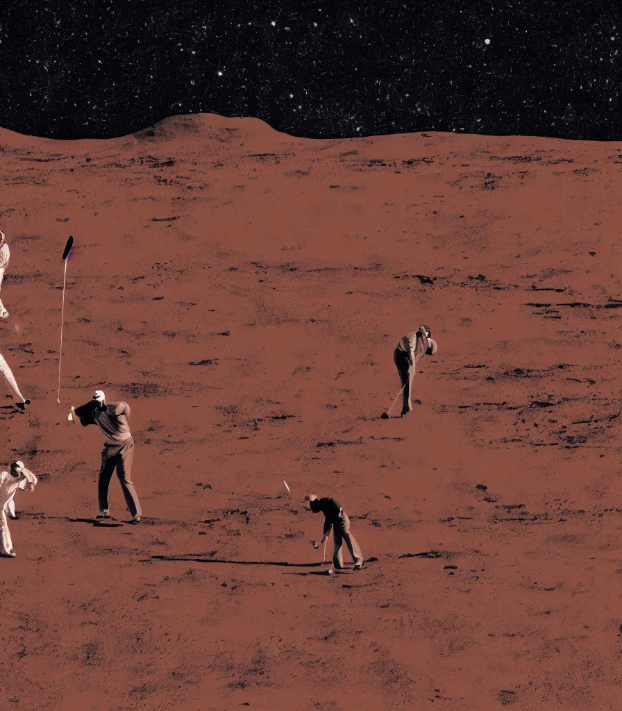 Image similar to an artwork of Tiger Woods and Jack Nicklaus playing golf on mars gazing into a universe full of nebular made by andy warhol, high detail, 4k resolution, nasa