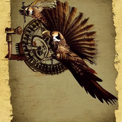 Image similar to a steampunk hawk flying through the air, fantasy art, vintage