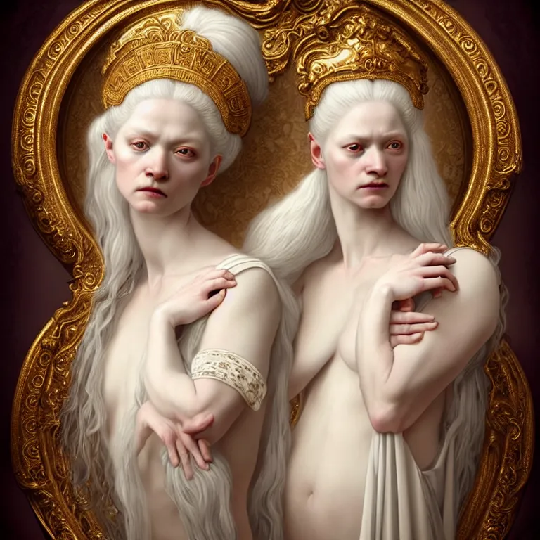 Image similar to renaissance style a wonderful woman albino goddess with a wonderful face and realistic arms and hands and realistic body with long intricate hair with a beautiful porcelain symmetrical body dressed with a majestic warp ornate cream long cotton dress, hightly ornate, intricate, detailed, dramatic light, cinematic, award winning, octane render, tom bagshaw style