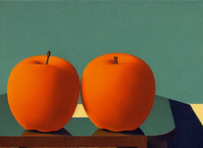 Image similar to 5 0 % of a painting by rene magritte showing two chairs having a conversation about apples or oranges. elegant, highly detailed, artstation, smooth, sharp focus