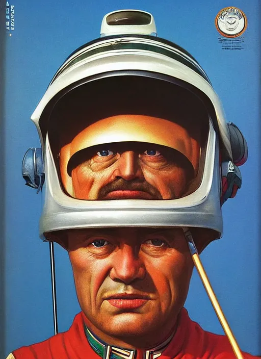 Image similar to beautiful extreme closeup portrait photo Emperor in style of frontiers in helmet motoracing dirt Helmets of Emperor Charles V the Wise, with a golf club, science fashion magazine September, retrofuturism edition, highly detailed, soft lighting, elegant , lighting, 35mm , Edward Hopper and James Gilleard, Zdzislaw Beksinski, Steven Outram, highly detailed