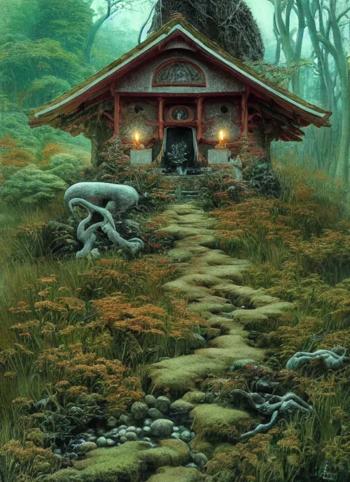 Image similar to hyper realistic witch cottage japanese shrine in the woods gorgeous lighting, highly detailed, lush forest painting by zdzisław beksinski and norman rockwell and greg rutkowskiweta studio, and lucasfilm