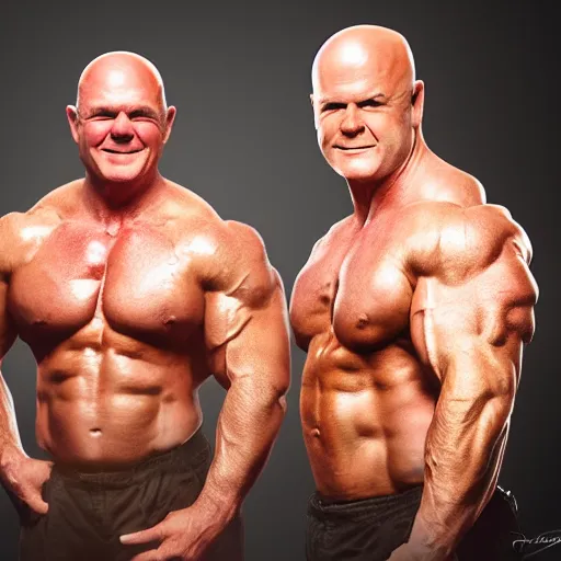 Image similar to phil and grant Mitchell with the physique of a body builder, hyper realistic, ultra detailed, cinematic, dynamic lighting, photorealistic, refined, intricate, digital art, digital painting, masterpiece, 8k