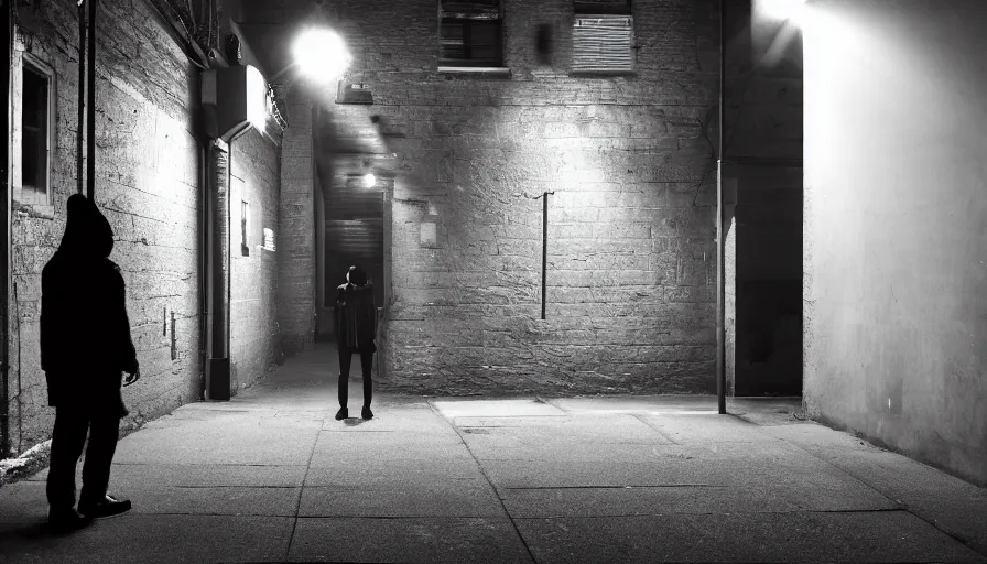 Image similar to photorealistic 1 6 mm, f / 1. 4, iso 2 0 0, shutter speed 2, on tripod. focused on a person standing in a long dark alleyway. in - between two tall buildings. light spilling from small windows lighting up their sides