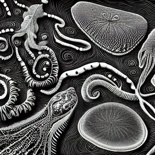 Image similar to a black and white drawing of a variety of sea life, a microscopic photo by ernst haeckel, zbrush central, kinetic pointillism, bioluminescence, intricate patterns, photoillustration