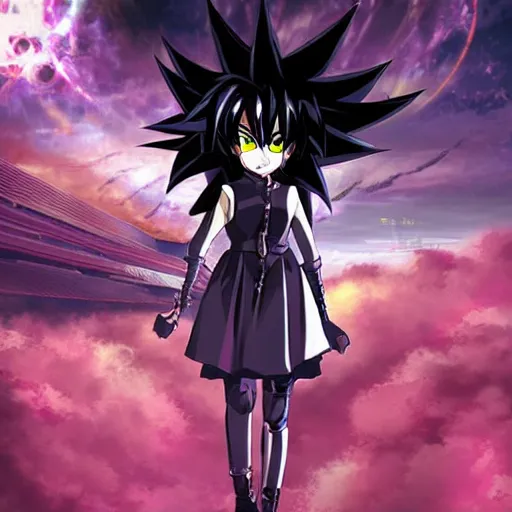 Prompt: 1 7 - year - old black haired anime goth girl wearing gothic jacket, spiky hair, super saiyan aura, floating above roof, futuristic city in background, 2 0 0 1 anime, subsurface scattering, intricate details, art by toei, art by studio gainax, studio trigger art