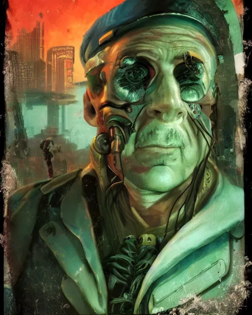 Image similar to an intimate portrait of a gnarly human cyberpunk captain, old skin, faded hat, charming, strong leader, green eyes, a look of cunning, detailed matte fantasy painting