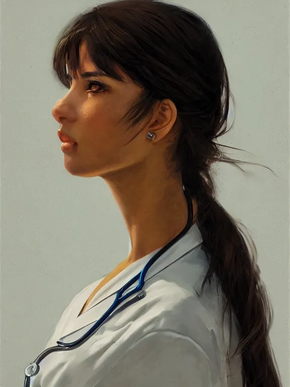 Prompt: an ultradetailed beautiful portrait painting of a cuban girl as a doctor, side view, oil painting, high resolution, by ilya kuvshinov, greg rutkowski and makoto shinkai