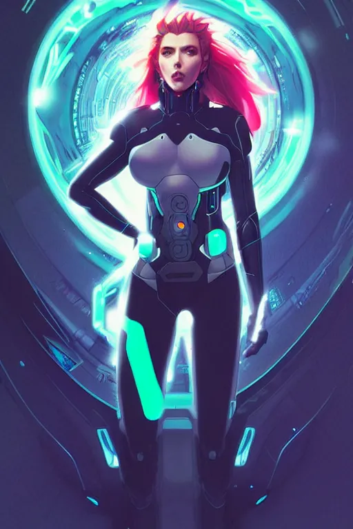 Image similar to style artgerm, joshua middleton, illustration, scarlett johansson as cyber punk warrior ghost in the shell wearing green pelt light armor, anime eyes, blue hair, swirling water cosmos, fantasy, dnd, cinematic lighting