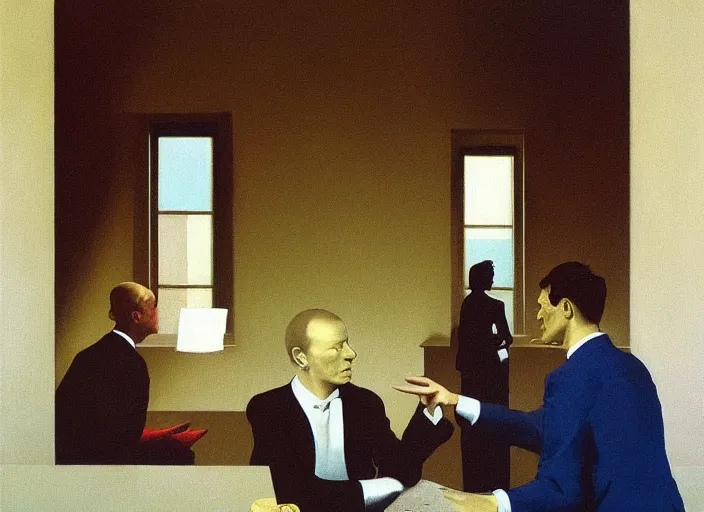 Image similar to portrait painting of two business men making a deal, science fiction, Edward Hopper and James Gilleard, Zdzislaw Beksinski, highly detailed