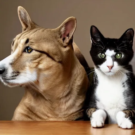 Image similar to photo of a cat-headed dog sitting next to a dog-headed cat