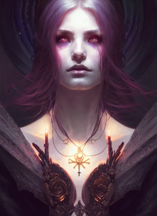 Image similar to Necromancer Sorceress, fantasy magic, undercut hairstyle, dark light night, intricate, elegant, sharp focus, illustration, highly detailed, digital painting, concept art, matte, art by WLOP and Artgerm and Greg Rutkowski and Alphonse Mucha, masterpiece