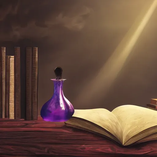 Prompt: dark purple highly poisonous potion, lit by a single ray of sunlight, on a table full of books in a dusty vintage science lab, hyperrealistic fantasy art, concept matte, ethereal, dreamy, digital art, trending on arstation, volumetric cinematic lighting
