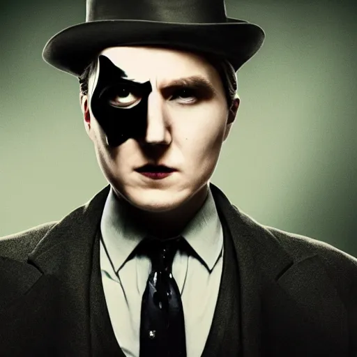 Image similar to film still of Paul Dano as Riddler in The Batman, 4k, dark lighting, film noir, grainy, dark tone