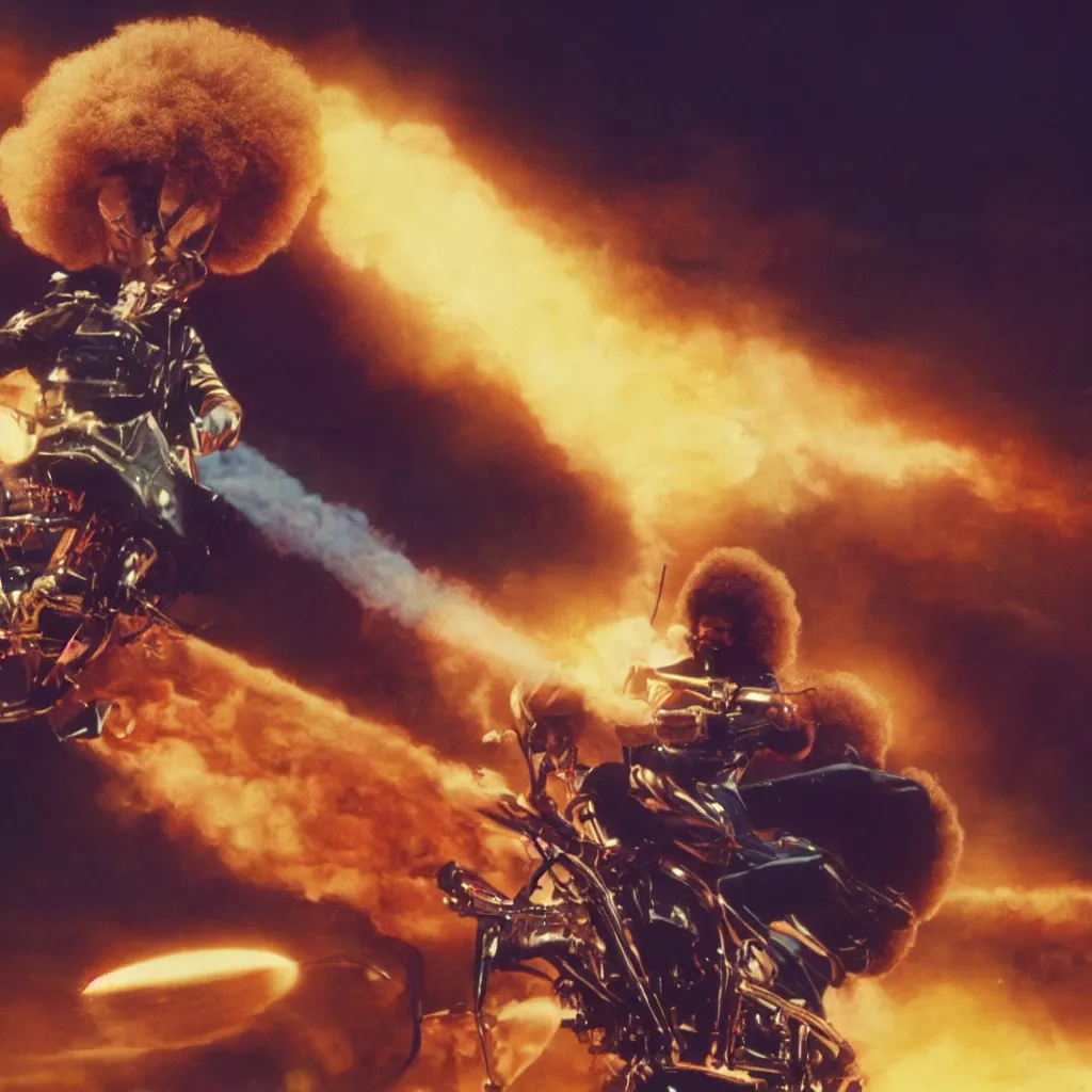 Image similar to elton john with a afro hair style riding a missile, cinematic framing, cinematic lighting, hdr, gritty, movie still, 4k, 70s psychedelic style