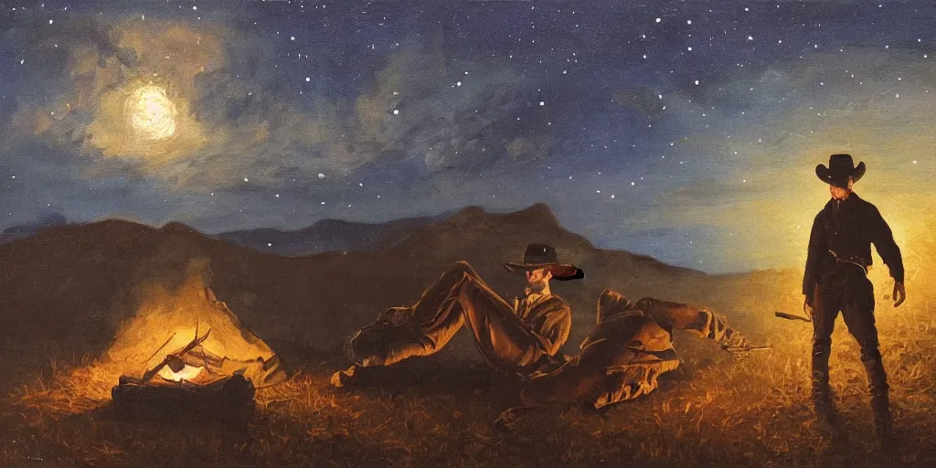 Prompt: in the old west, at a campfire at night, close up portrait of one sleeping bandit ( ( alone ) and wide shot of one teenager ( ( alone ) ) watches the stars and his horse grazes, in the style of fredrick remington, oil painting, warm color palate, astral