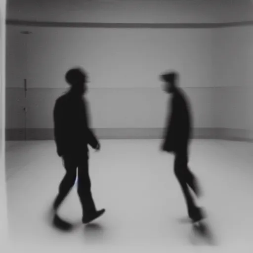 Prompt: There are two young male shadowy figures in an empty hall, motion blur, polaroid picture, black-and-white, 35mm