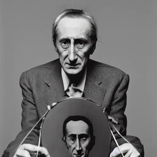 Prompt: a minimalist portrait of Marcel Duchamp holding computer cabled and chess piece in the style of Annie Leibovitz, Irving Penn, Hito Steyerl, Akira Kurosawa, Shinya Tsukamoto, wide angle, monochrome, futuristic tetsuo