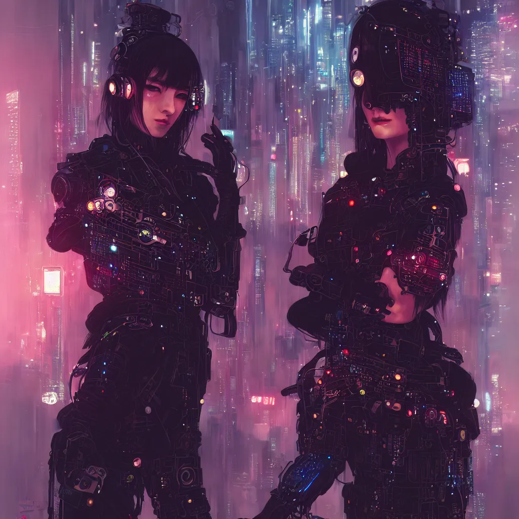 Image similar to portrait of a female cyberpunk hacker samurai in neotokyo at night, futuristic cyberpunk tokyo night, sci - fi and fantasy, intricate and very beautiful, highly detailed, digital painting, artstation, concept art, smooth and sharp focus, illustration, art by tian zi and wlop and alphonse mucha
