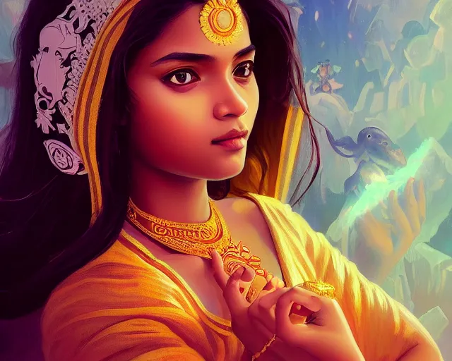 Image similar to beautiful sri lankan girl, photography of kurzgesagt, deep focus, d & d, fantasy, intricate, elegant, highly detailed, digital painting, artstation, concept art, matte, sharp focus, illustration, hearthstone, art by artgerm and greg rutkowski and alphonse mucha