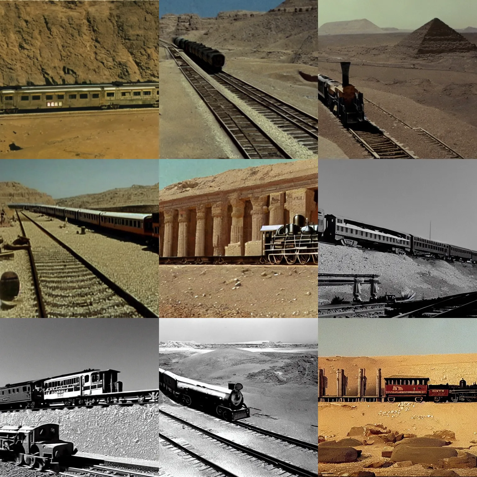 Prompt: Film still, establishing shot of a train as it moves along a railway through ancient Egypt