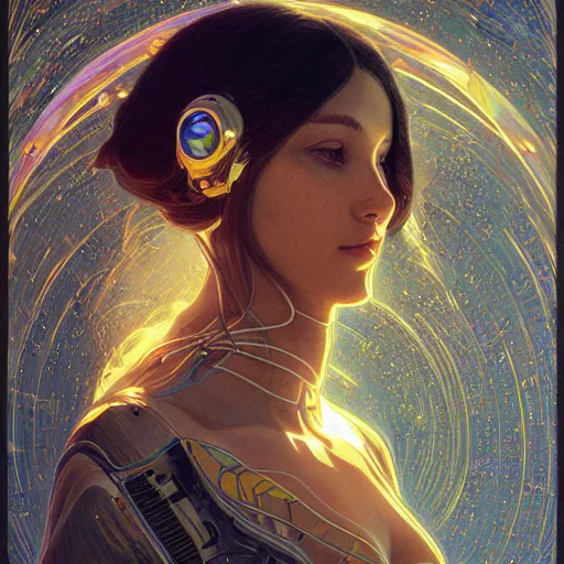 Image similar to portrait of a techno wizard astronaut with an epic cosmic background, intricate, elegant, highly detailed, digital painting, artstation, smooth, sharp focus, illustration, art by artgerm and greg rutkowski and alphonse mucha