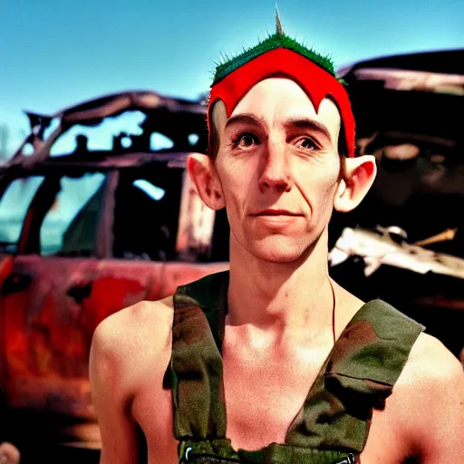 Image similar to close up headshot of a skinny high-fantasy elf with a long face narrow chin and spiky blonde hair wearing dark brown overalls and holding a bomb next to a destroyed car, high resolution film still, HDR color