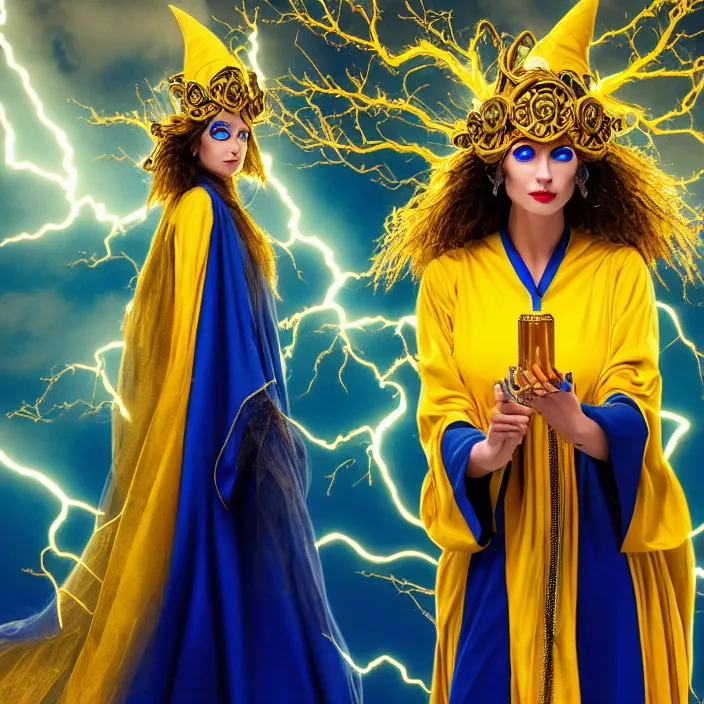 Image similar to photograph of a real - life beautiful!! elemental lightning witch with ornate yellow and blue robes. extremely detailed. 8 k