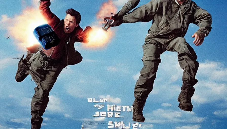 Prompt: Big budget movie scene, the hero clings to a flying nuclear missile as he tries to disarm it