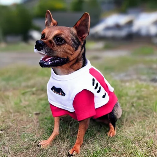 Image similar to a photorealistic dog character is wearing a shirt which writes'win'