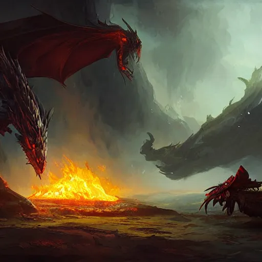 Image similar to the black dragon lies beside the world tree, and the sky is burning, by sung choi, by greg rutkowski.