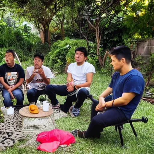 Image similar to one mexican woman 2 4 years old, one chinese man, one romanian man, one mexican man, one light skin black man, hanging out in a backyard in the city, peaking on mdma, actual photo