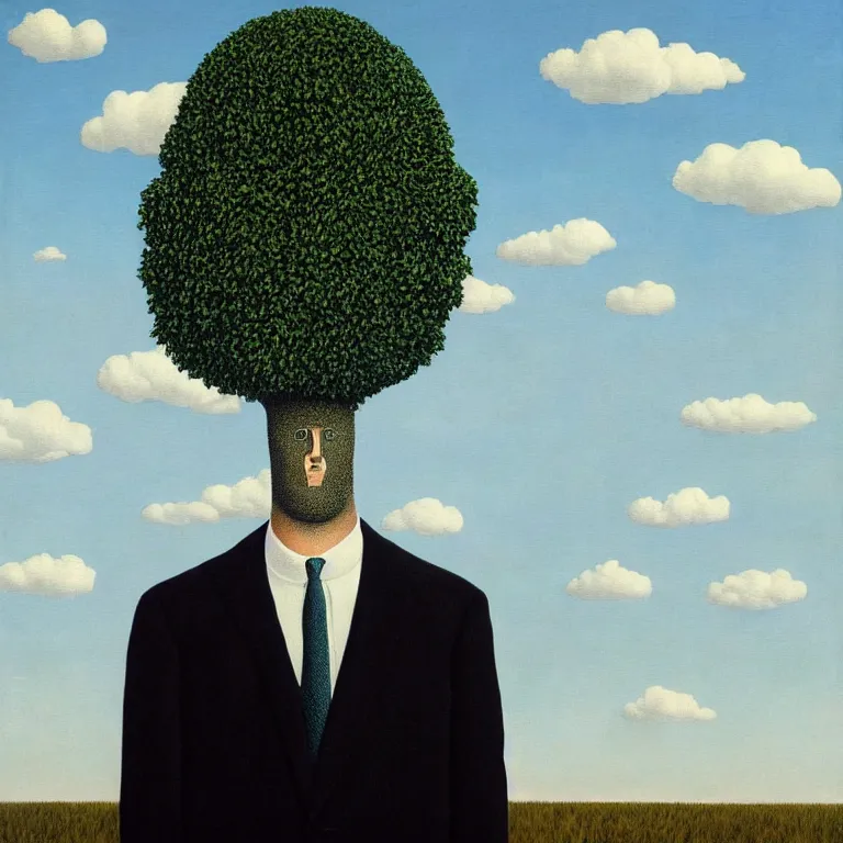 Image similar to portrait of a faceless tree - head man in a suit, clouds in the background, by rene magritte, detailed painting, distance, middle centered, hd, hq, high resolution, high detail, 4 k, 8 k