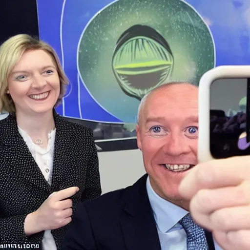 Image similar to a smiling Liz Truss takes a selfie as a nuclear bomb explodes behind her