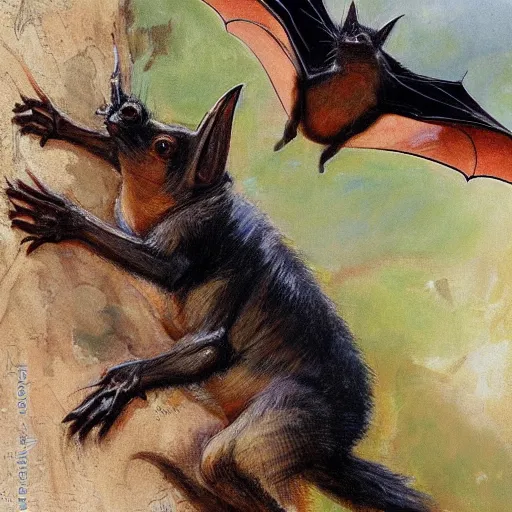 Image similar to a highly detailed beautiful portrait of newly evolved terrestrial bats, speculative evolution, english countryside, by gregory manchess, james gurney, james jean