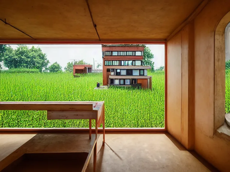 Image similar to hyperrealism colour design by frank lloyd wright and kenzo tange photography from 5 point of perspective of beautiful detailed small solarpunk house with many details in small detailed ukrainian village designed by taras shevchenko and wes anderson and caravaggio, wheat field behind the house, around the forest volumetric natural light