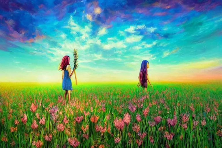 Image similar to giant gladiola head, girl walking in field of flowers, surreal photography, sunrise, blue sky, dramatic light, impressionist painting, digital painting, artstation, simon stalenhag