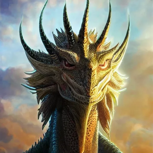 Image similar to Perfectly-centered portrait-photograph of a real life godly dragon creature with shining scales descending from heaven, lifelike, super highly detailed, professional digital painting, artstation, concept art, Unreal Engine 5, Photorealism, HD quality, 8k resolution, cinema 4d, 3D, beautiful, cinematic, art by artgerm and greg rutkowski and alphonse mucha and loish and WLOP