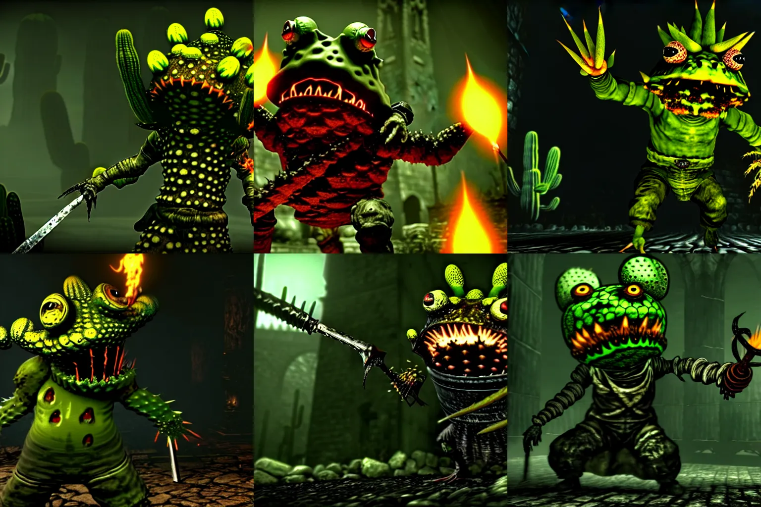 Prompt: A Dark Souls Screenshot of an Acid-Bucket-Wielding Cactus-Toad-Demon