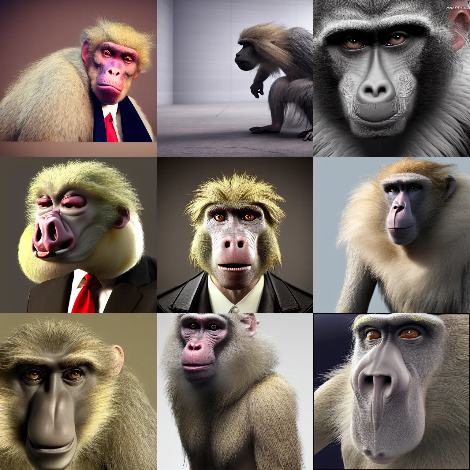 Prompt: a cross between donald trump and a baboon, photorealistic, 8k, award winning, octane render
