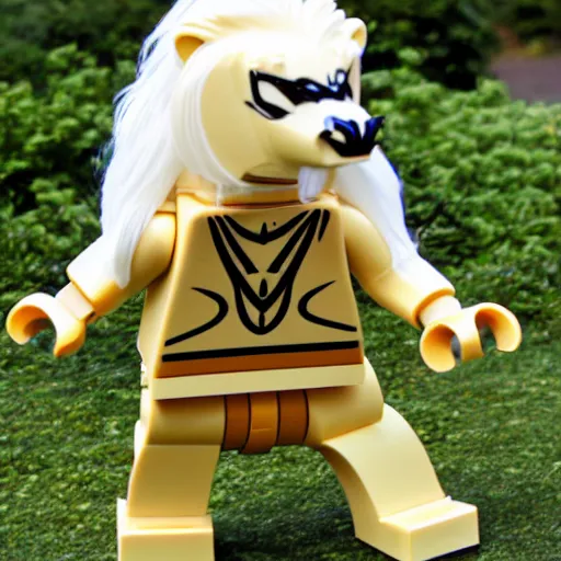 Image similar to a lego character of a anthro albino lion wearing a causal clothes