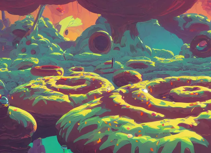 Prompt: concept art of a donut landscape made of donuts, cel shaded, in the style of makoto shinkai and moebius and peter mohrbacher and anton fadeev