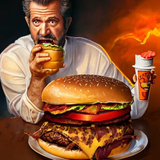 Image similar to portrait photography of Mel Gibson eating a giant hamburger, extra ketchup and mustard with overflowing bacon lettuce and tomato, cinematic lighting, highly detailed, ethereal, D&D, hearthstone, digital painting, artstation, concept art, smooth, sharp focus, illustration, art by Terry Moore and Greg Rutkowski and Alphonse Mucha