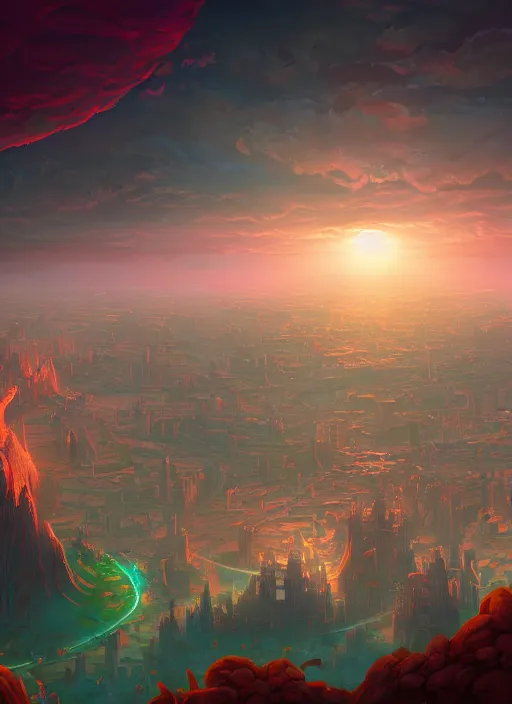 Prompt: aerial view of a circular city with a monumental tower of babel in the center, pitchblack sky, extremly detailed digital painting, vibrant colors, in the style of andreas rocha and noah bradley and tyler edlin and peter mohrbacher, mystical colors, rim light, beautiful lighting, 8 k, stunning scene, raytracing, octane, trending on artstation