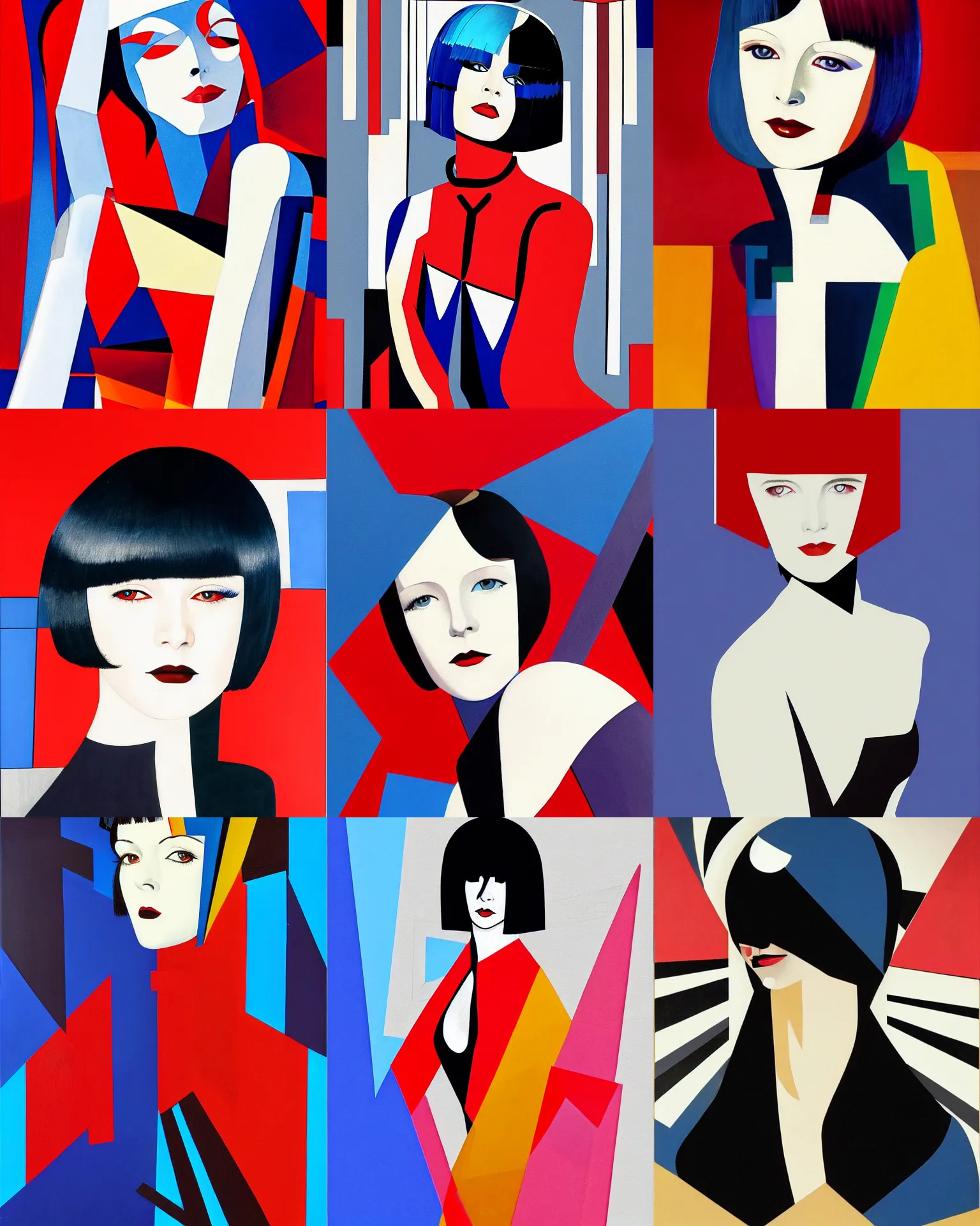 Prompt: full length portrait of mary louise brooks, shiny bob haircut, dramatic light, abstract art deco geometric shapes background, red blue and black, high contrast, sharp, painted by stanley lau,, painted by stanley artgerm,, painted by patrick nagel