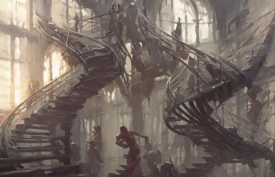 Image similar to greg manchess concept art of a the haphazard twisting stairs dimension, key visual, ambient lighting, highly detailed, digital painting, artstation, concept art, sharp focus, by makoto shinkai and akihiko yoshida and hidari and wlop and greg rutkowski