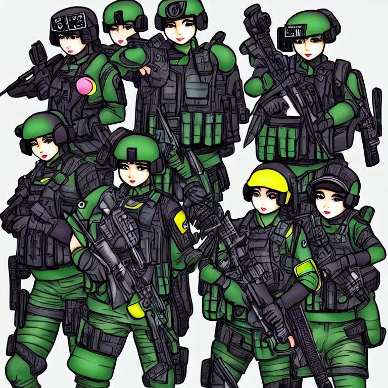 Prompt: kawaii swat team, colorful, fashion, award winning photography, highly detailed, realistic