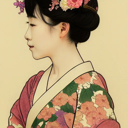 Image similar to side portrait of a young japanese woman wearing a kimono, flower crown, long hair, headshot, hyper realistic, pale skin, 4k, rule of thirds, extreme detail, detailed drawing, trending artstation, hd, fantasy, D&D, realistic lighting, by Alphonse Mucha, Greg Rutkowski, sharp focus, backlit, elegant