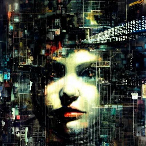 Image similar to glitchcore portrait of a cybercity dreamer, wires, machines, in a dark future city by jeremy mann, francis bacon and agnes cecile, and dave mckean ink drips, paint smears, digital glitches glitchart