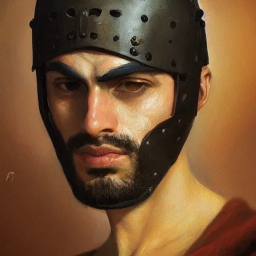 Prompt: a stunning and noble highly detailed portrait of a syrian warrior by josep tapiro baro and edward hopper, trending on artstation, oil painting masterpiece, symmetry, mysterious, very very very aesthetic